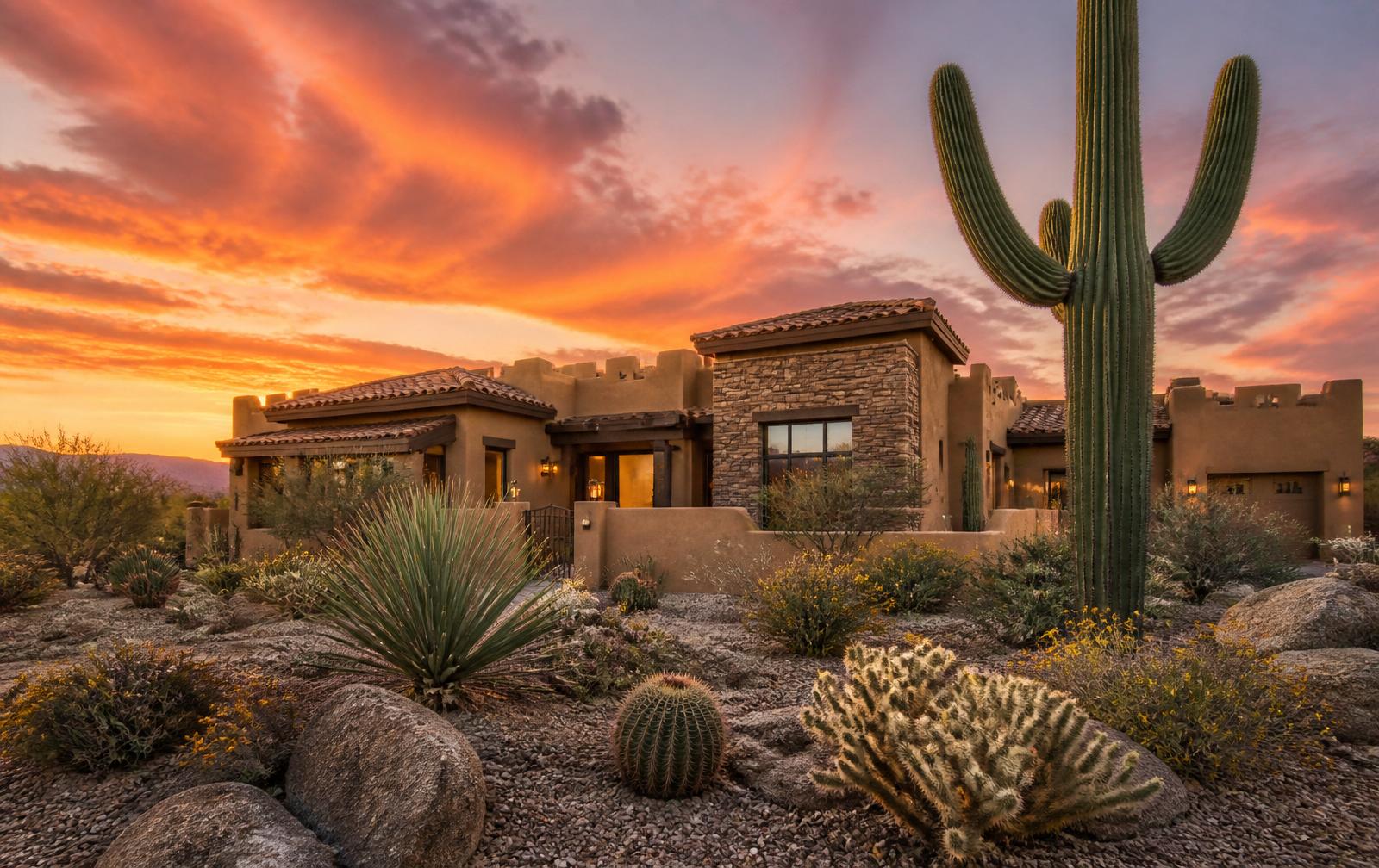 Sonoran desert sunset with saguaro cacti near Phoenix, Arizona